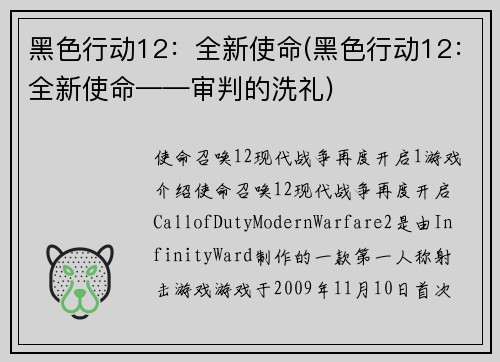 黑色行动12：全新使命(黑色行动12：全新使命——审判的洗礼)