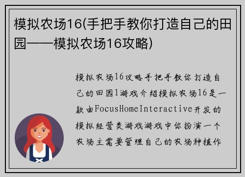 模拟农场16(手把手教你打造自己的田园——模拟农场16攻略)